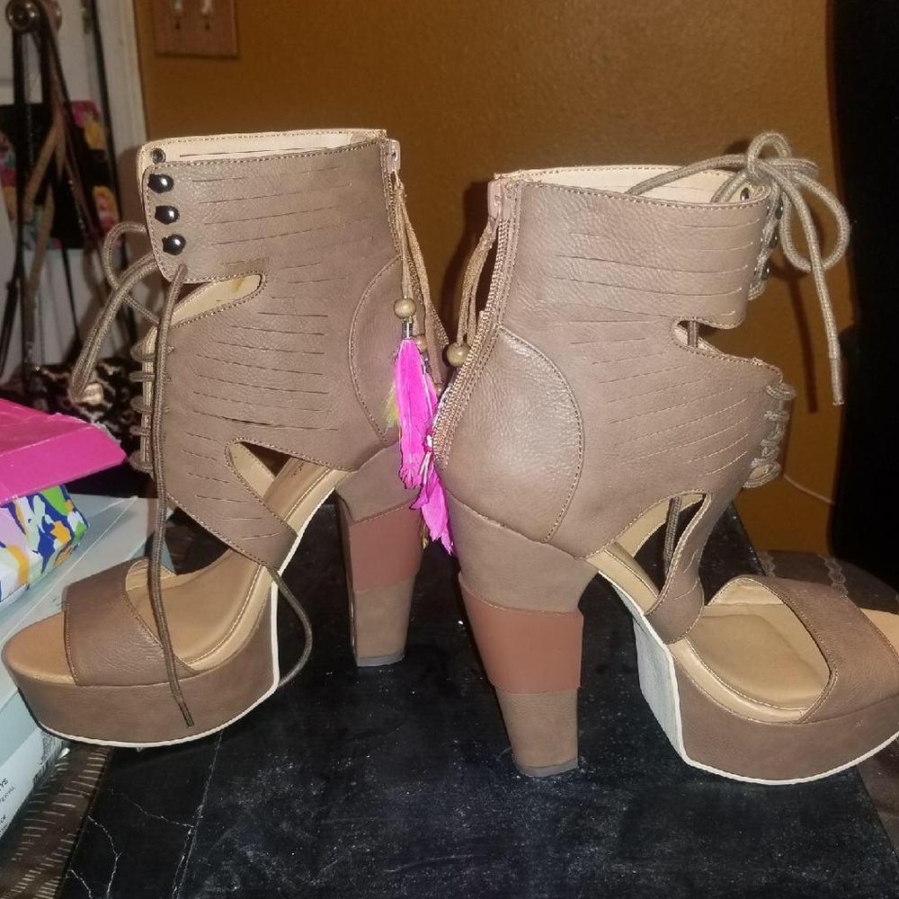 Brown open toe booties
